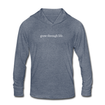 Load image into Gallery viewer, grow through life. (WHTE) Unisex Tri-Blend Long sleeve Hooded Shirt - heather blue
